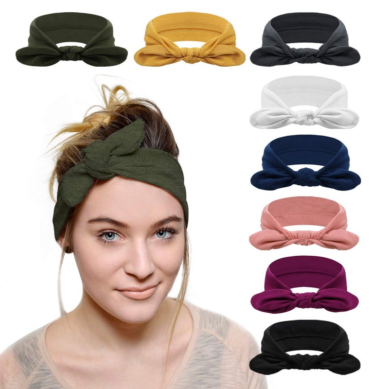 DRESHOW 8 Pack Headbands for Women Bow Knotted Hair Band Facial Cloth Rabbit Ears Running Sport Elastic Hair Wrap - Image 1